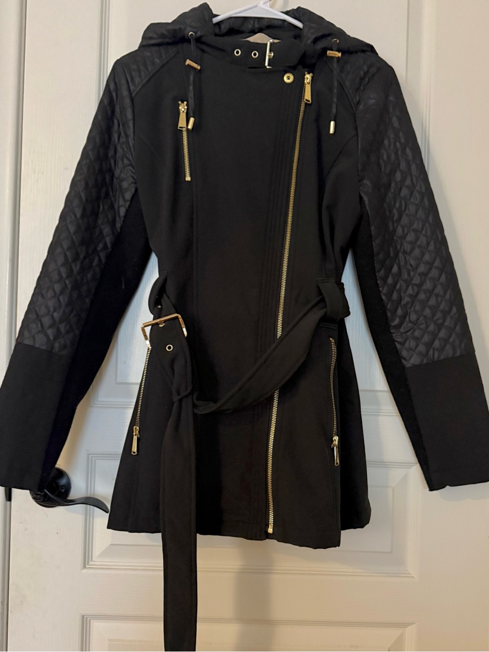 Michael Kors Black Quilted Sleeve Hooded Trench Coat with Gold Hardware